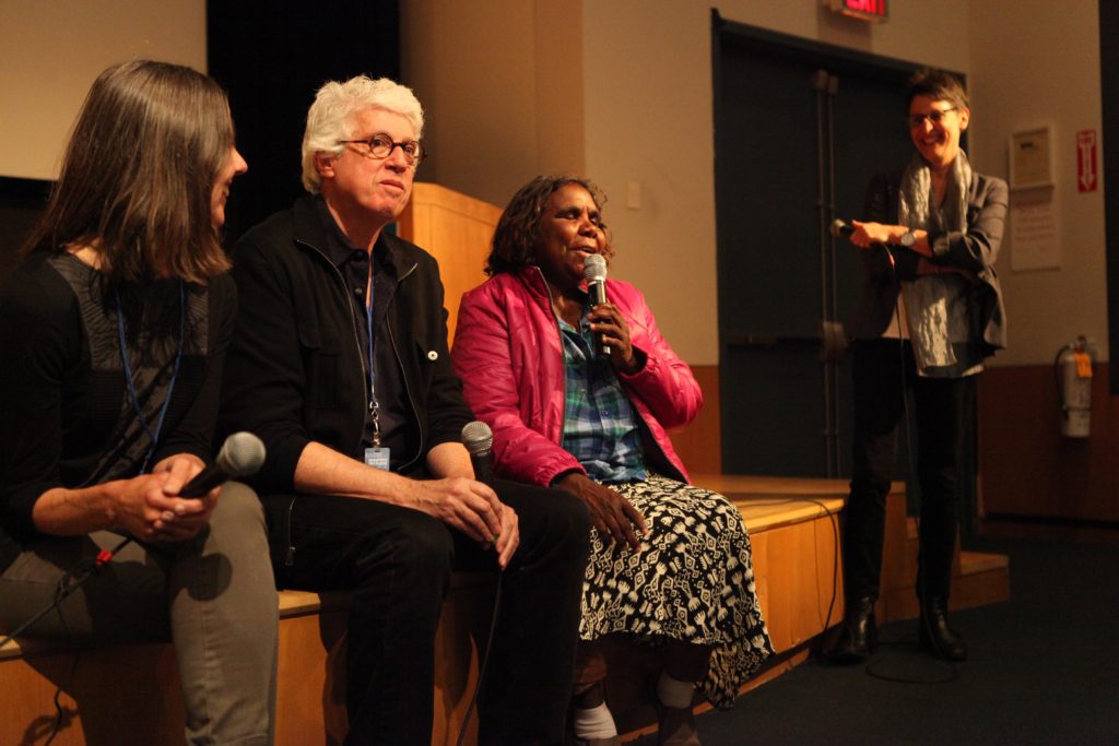 Pip Deveson, Fred Myers, and Marlene Nampitjinpa answering questions at the screening of Remembering Yayayi at the Margaret Mead Film Festival in New York City, October 2014.  Photo Credit Unknown.    